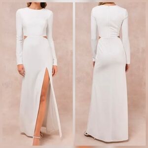 Lulus Going for the Wow White Long Sleeve Cutout Maxi Wedding Dress, Size Small